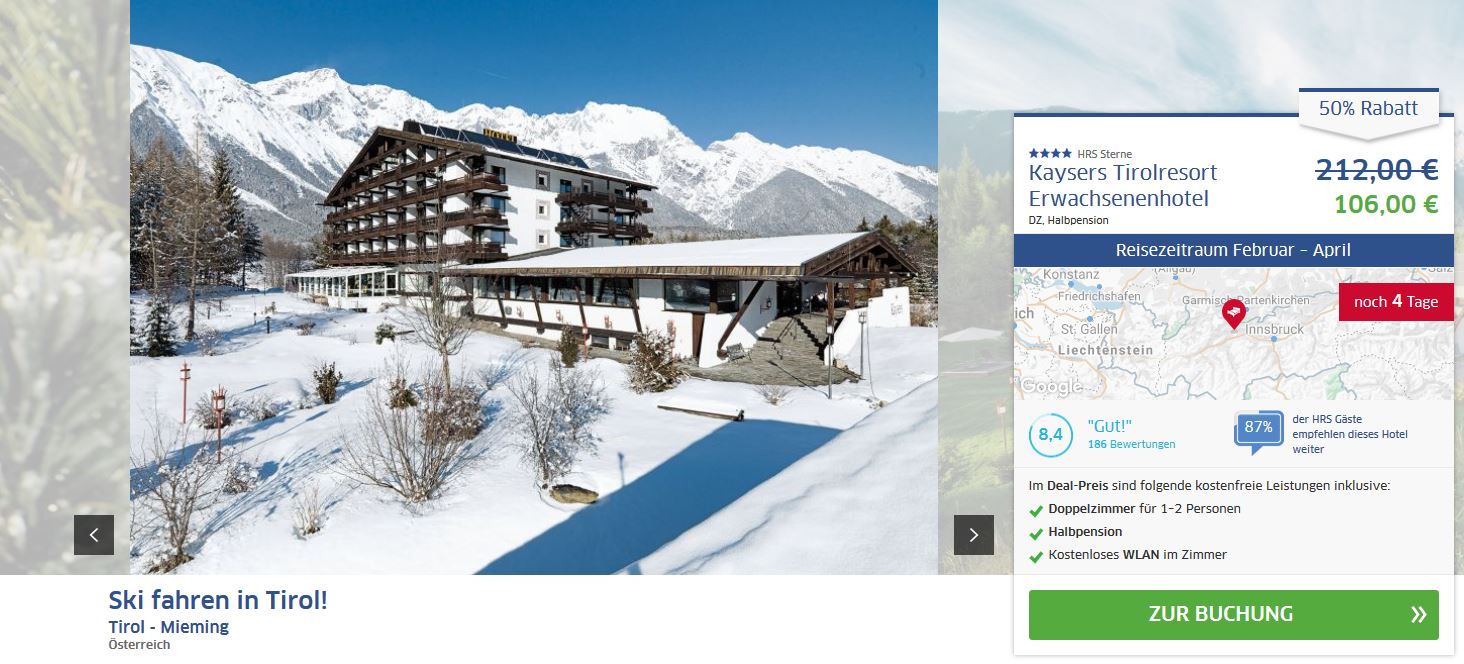 , ab 53 &euro; – 2 Tage Kurzurlaub in Tirol (Mieming) im 4* Kaysers Tirolresort Erwachsenenhotel inkl. Halbpension & kostenfreier Nutzung des Wellnessbereichs