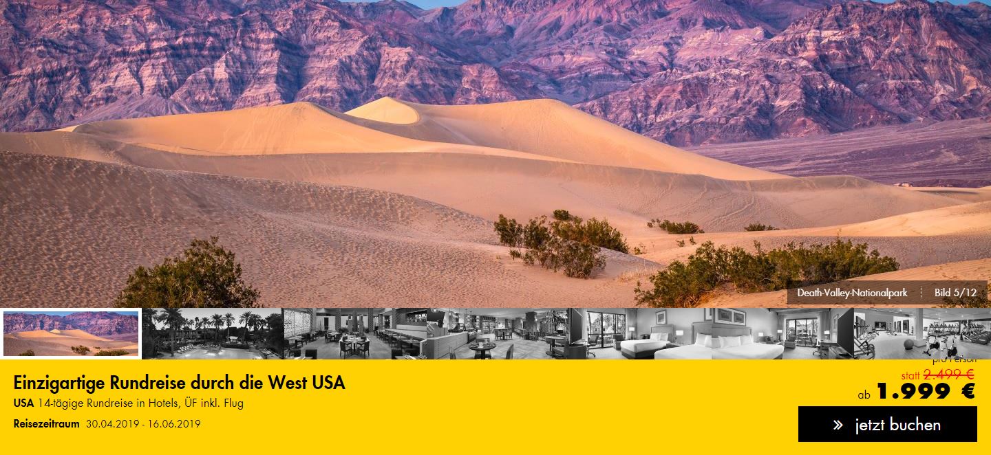 , ab 1999 &euro; – 14-t&auml;gige Rundreise durch West USA inkl. Unterk&uuml;nfte, Fr&uuml;hst&uuml;ck und Flug