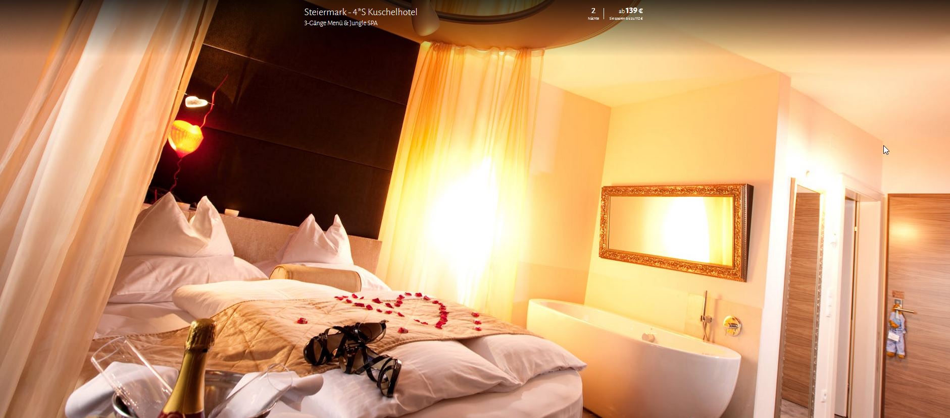 Maiers Kuschelhotel, ab 139 &euro; – 3 Tage romantische Tage in der Steiermark im 4-Sterne Superior Maiers Kuschelhotel Loipersdorf Deluxe inkl. Kuschelfr&uuml;hst&uuml;ck, 3-G&auml;nge Abendmen&uuml;,Nutzung des Jungle-Spas & Kuschelgartens und 1 Flasche Sekt im Zimmer