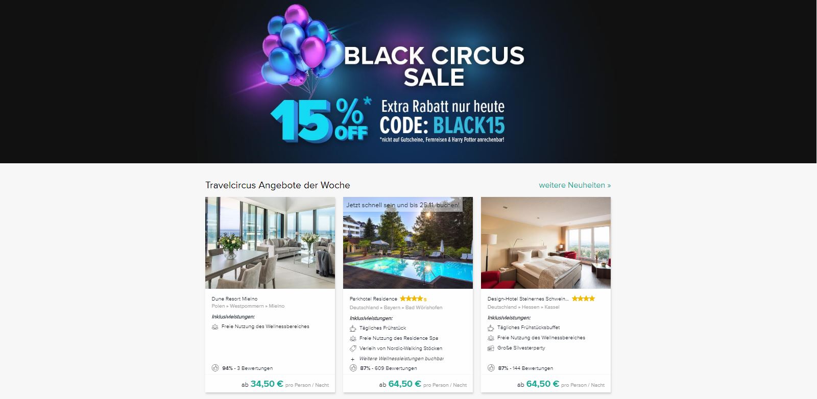 Black Rabatt, 15 % Back Rabatt f&uuml;r St&auml;dtereisen, Wellnesswochenenden, Musical- oder Freizeitparkbesuche mit &Uuml;bernachtung